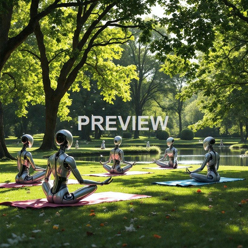 A group of humanoid robots practicing yoga outdoors in a lush, green park with large trees, a pond, and sunlight filtering through the leaves.